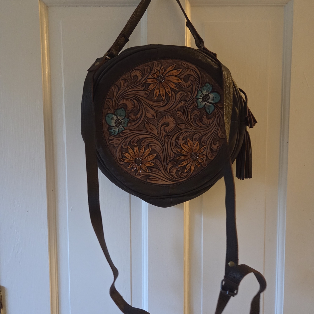 Round Brown Floral Tooled Leather Crossbody Bag